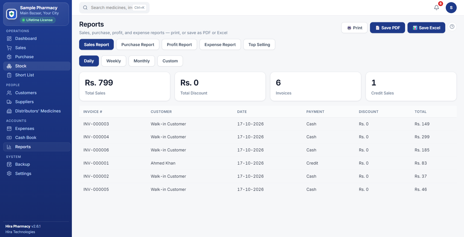 Sales report with Print, Save PDF and Save Excel buttons