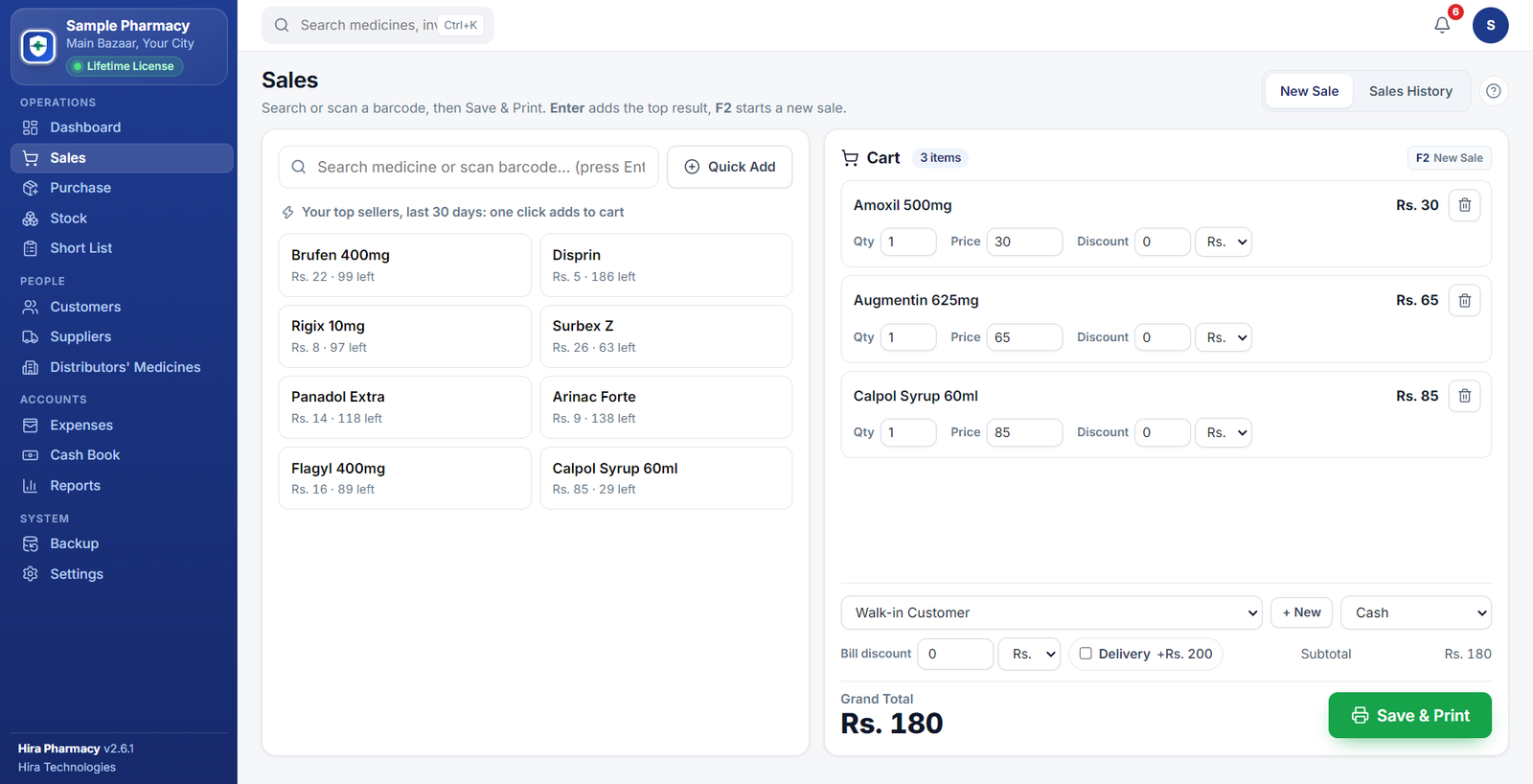 The Sales screen with a cart of three medicines, a delivery option and a Save and Print button