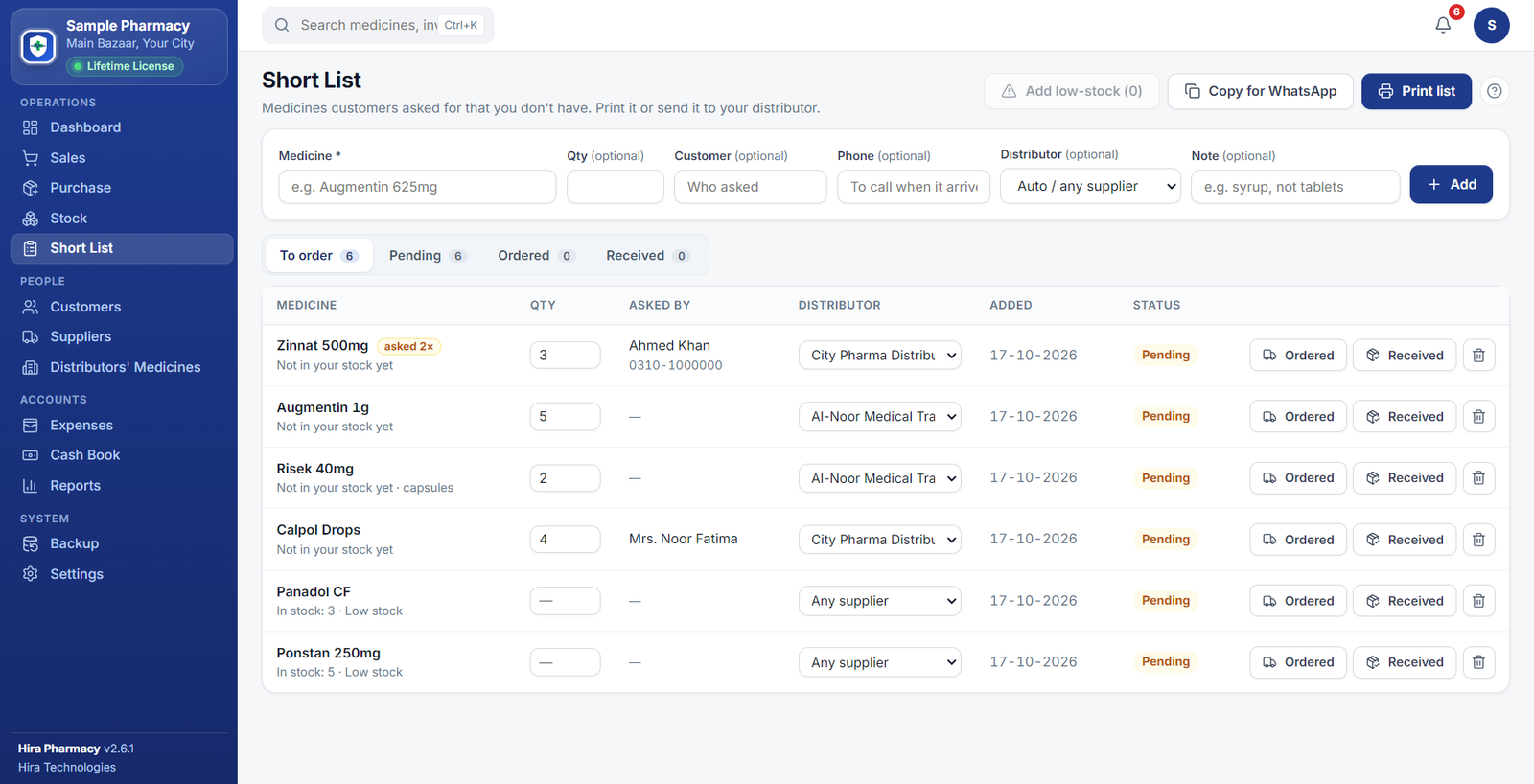 Short List of medicines to order, with quantity, customer, distributor and Ordered and Received buttons